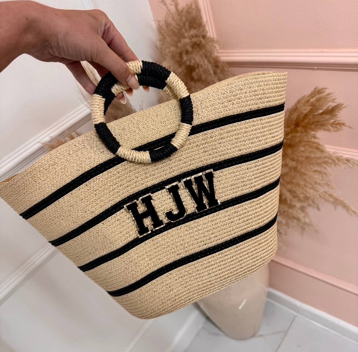personalised cream striped circular handle woven beach bag