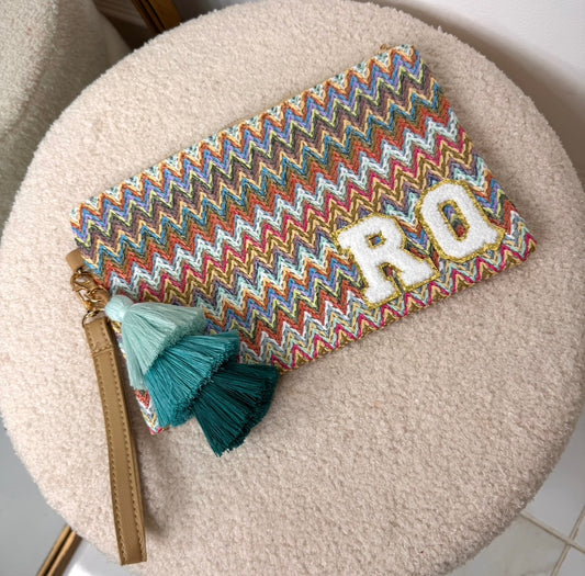 multi zig zag personalised woven tassel clutch bag