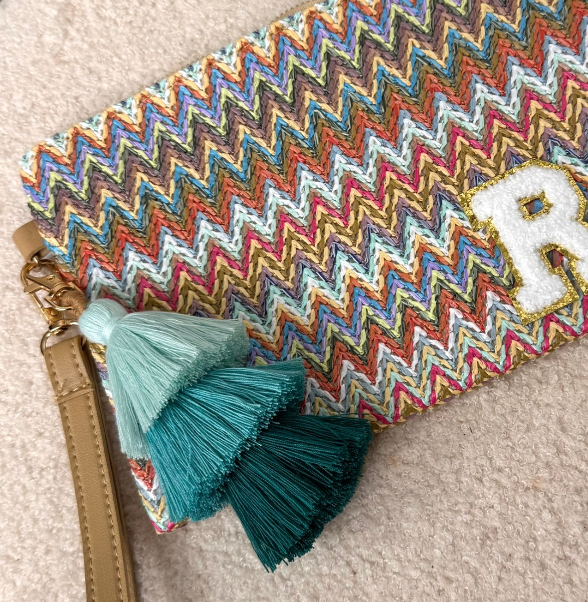 multi zig zag personalised woven tassel clutch bag