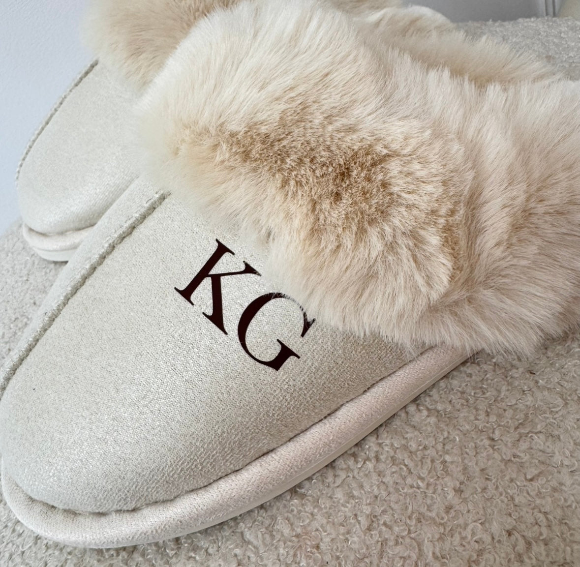 Cream fluffy mule slippers with brown initials