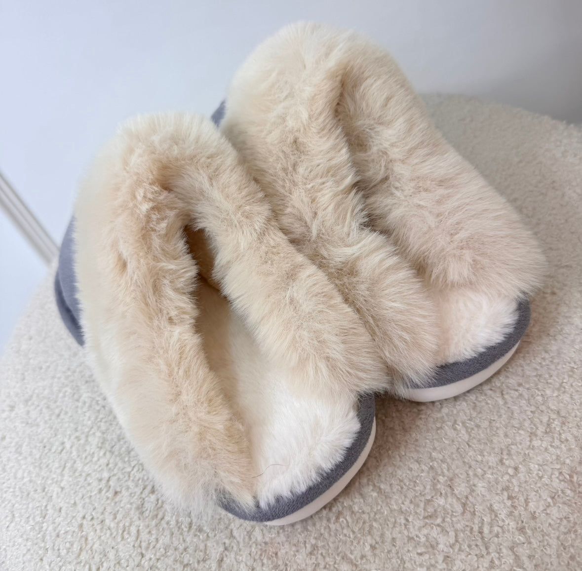 grey fluffy mule slippers with white initials