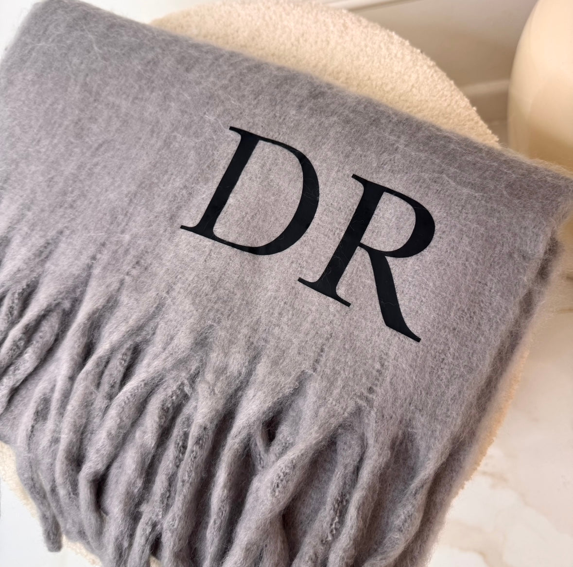 Grey fluffy initial personalised scarf