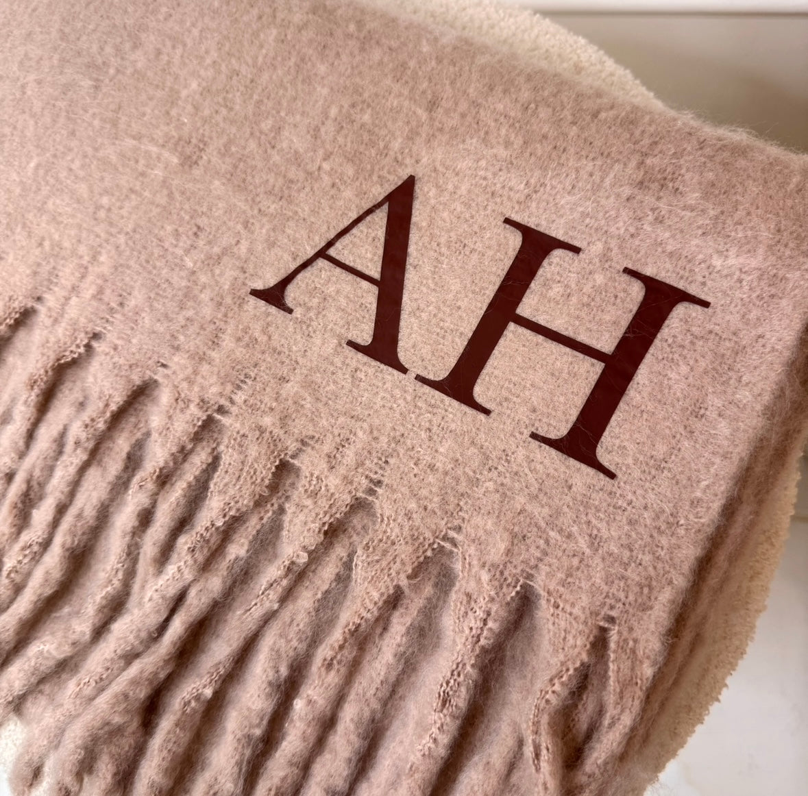 Beige fluffy initial personalised scarf