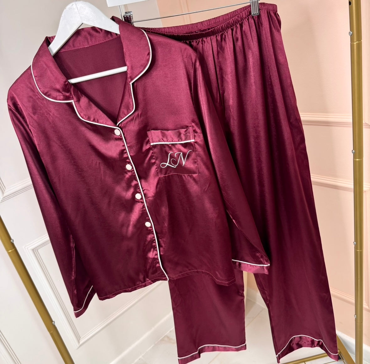 Burgundy personalised satin pyjamas