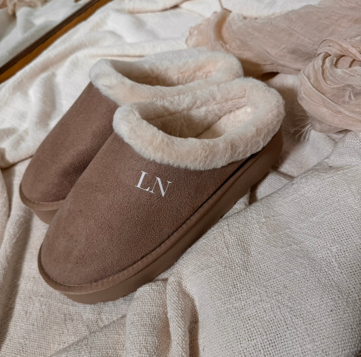 LUXURY taupe faux fur personalised platform slippers