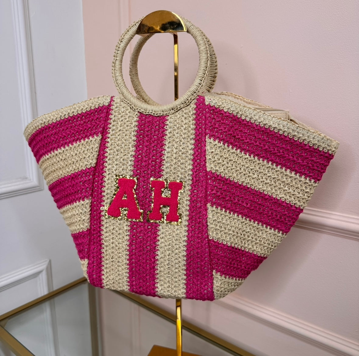 pink striped personalised woven tote bag