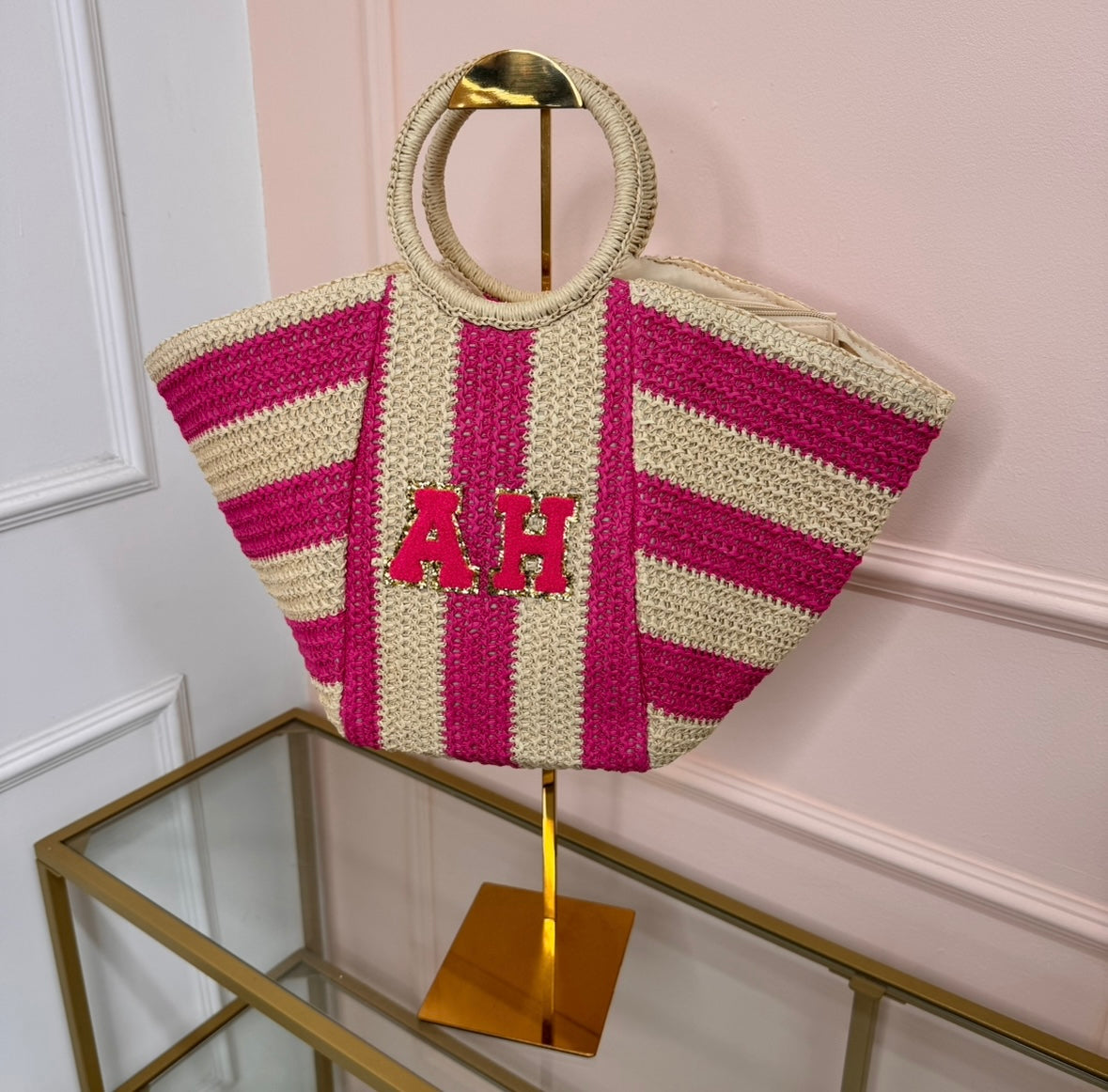 pink striped personalised woven tote bag