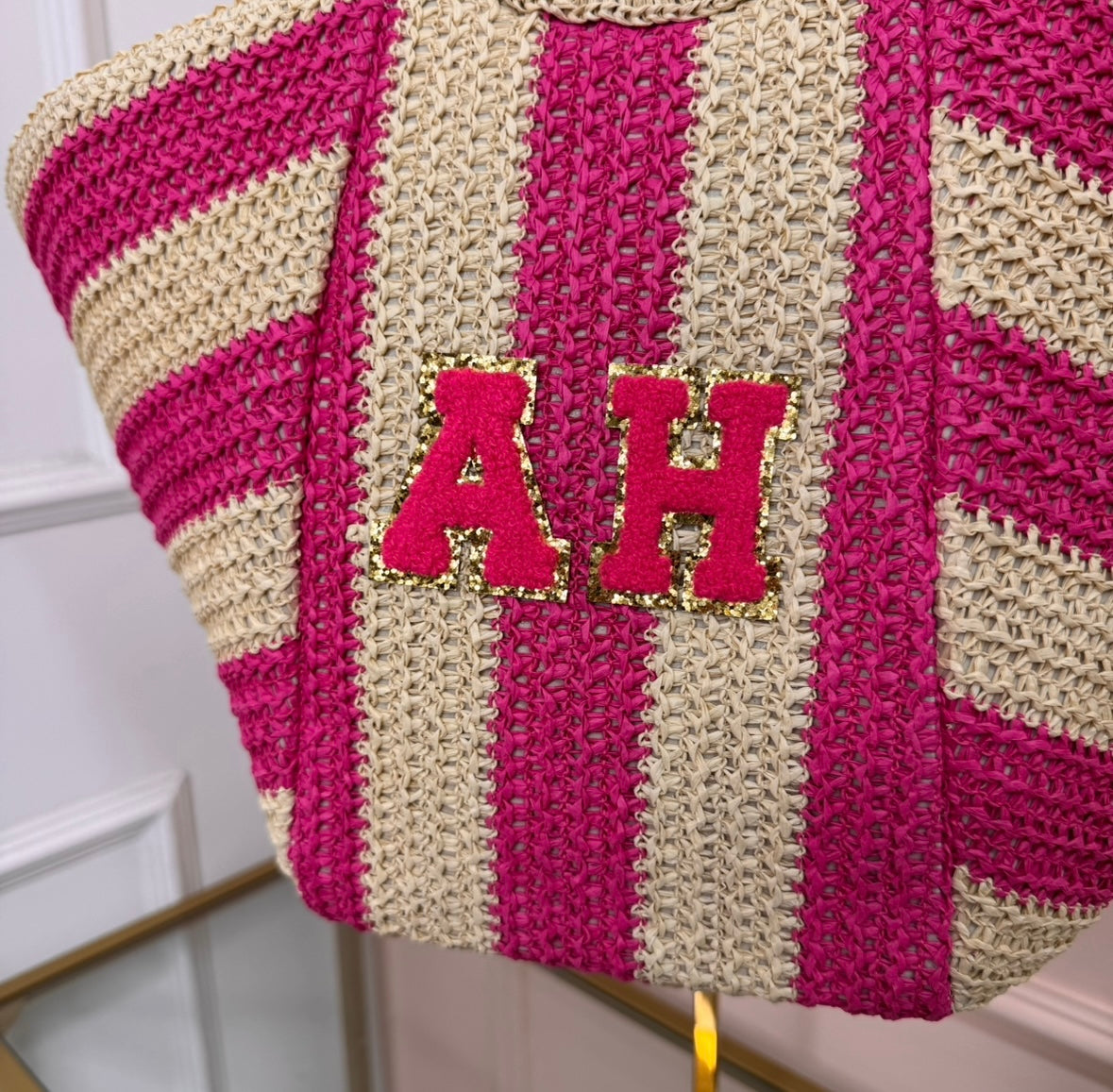 pink striped personalised woven tote bag