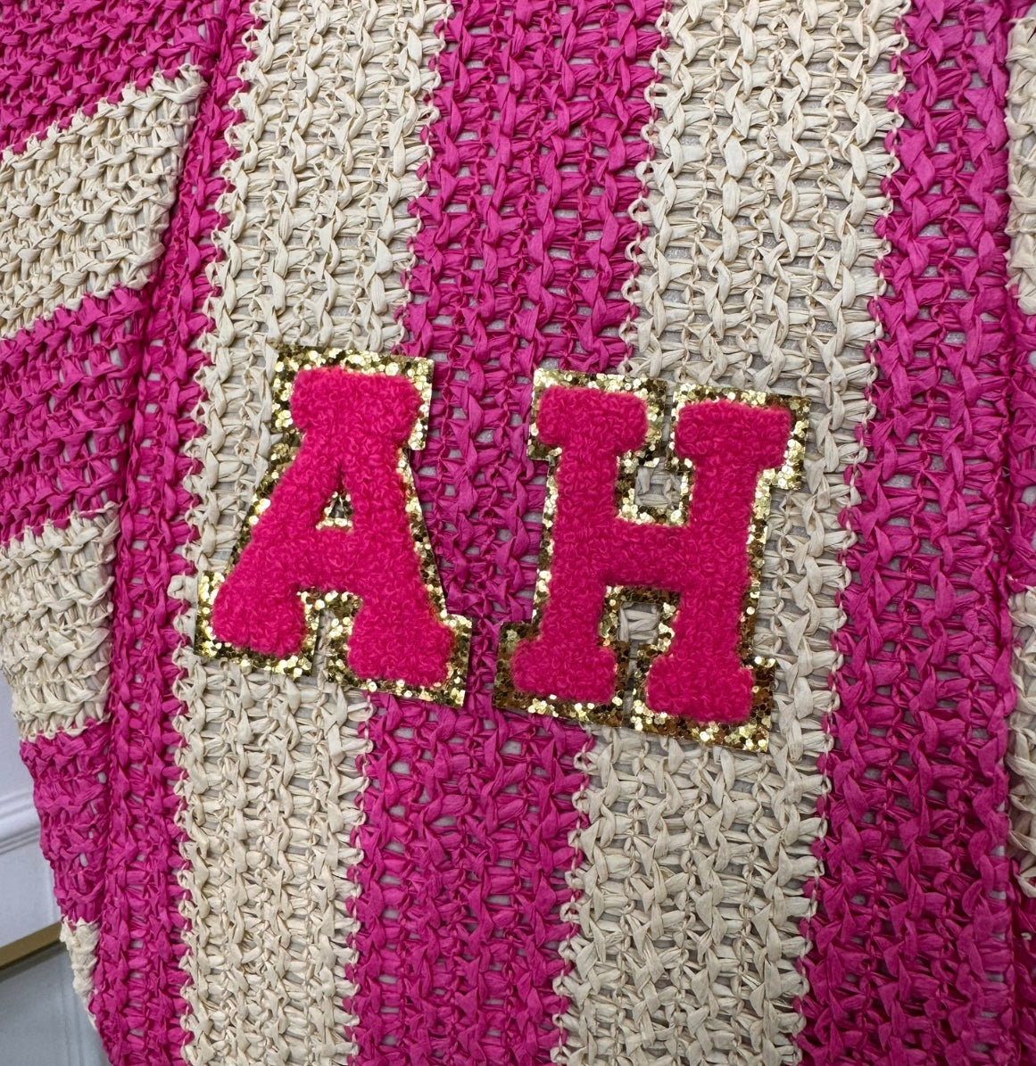 pink striped personalised woven tote bag