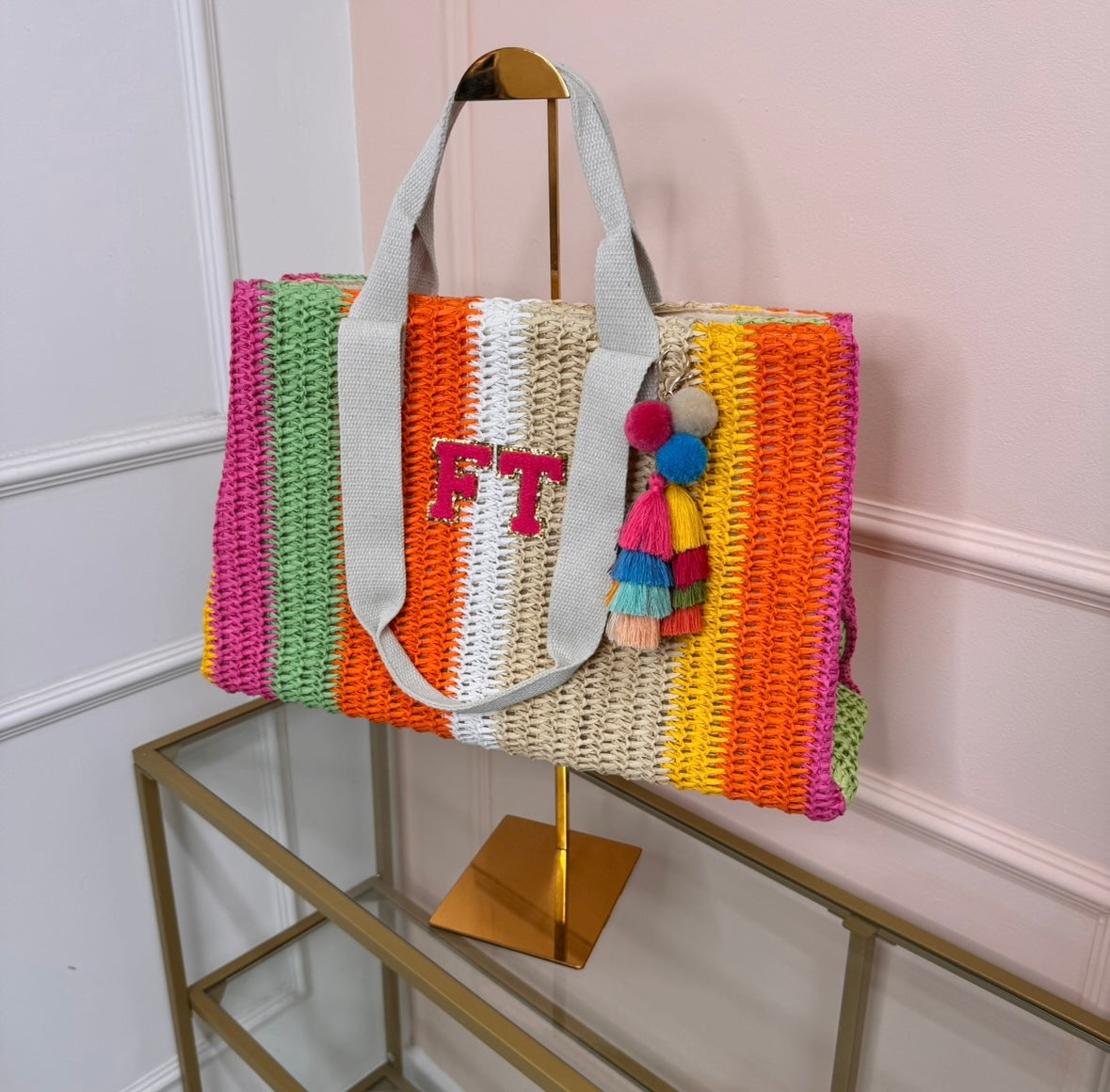 multi stripe personalised woven tote bag with tassel