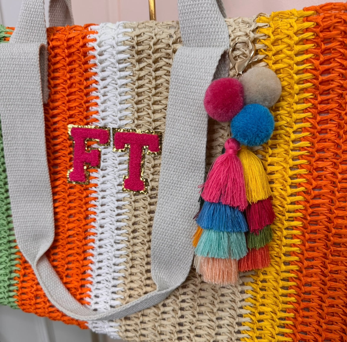 multi stripe personalised woven tote bag with tassel