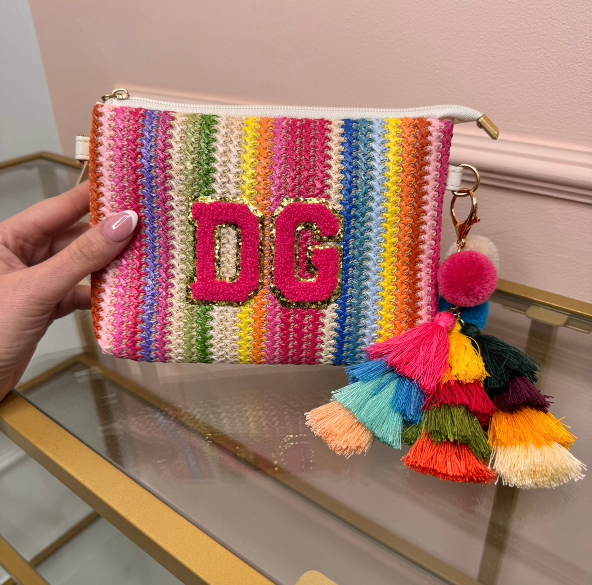 multi stripe personalised woven clutch with tassel
