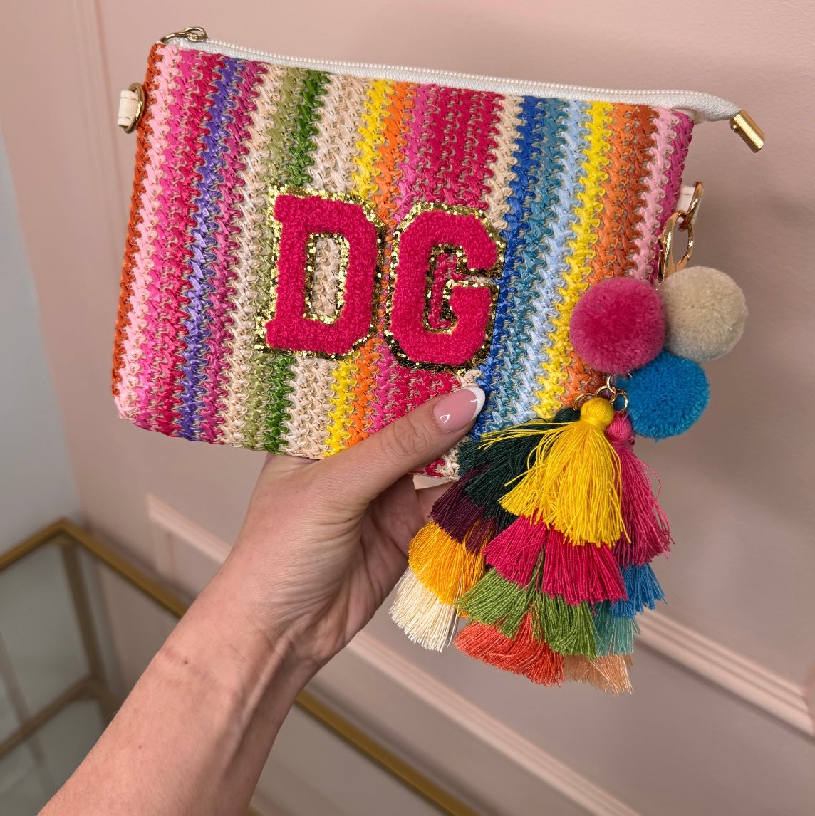 multi stripe personalised woven clutch with tassel