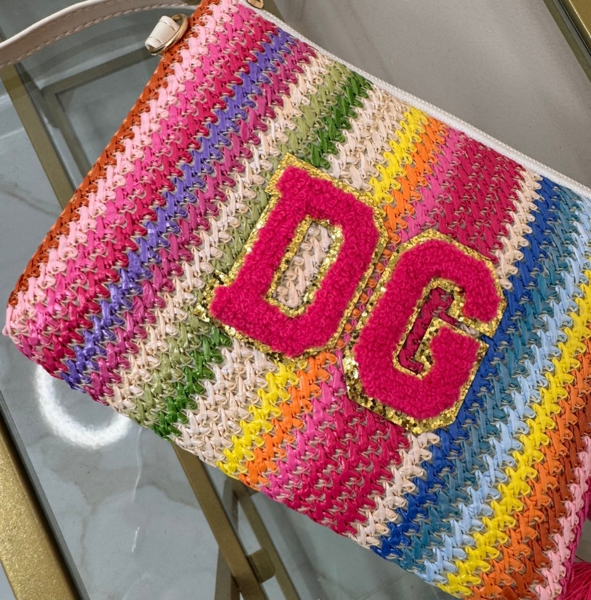 multi stripe personalised woven clutch with tassel