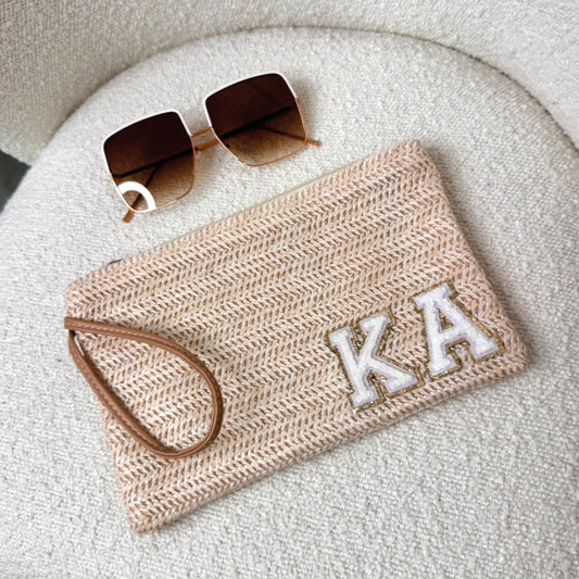 cream personalised beach clutch with white teddy glitter initials
