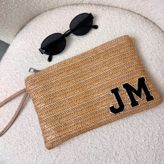 tan personalised beach clutch with black teddy glitter initials