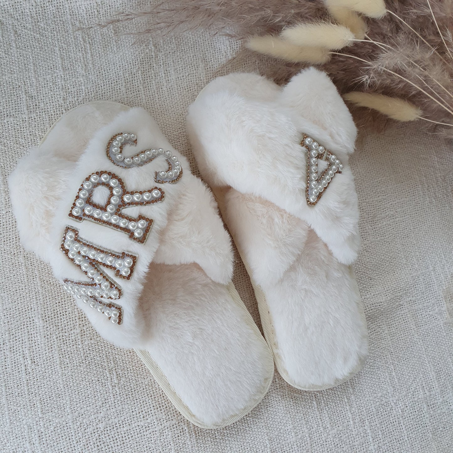 MRS cream fluffy slippers with gold diamante