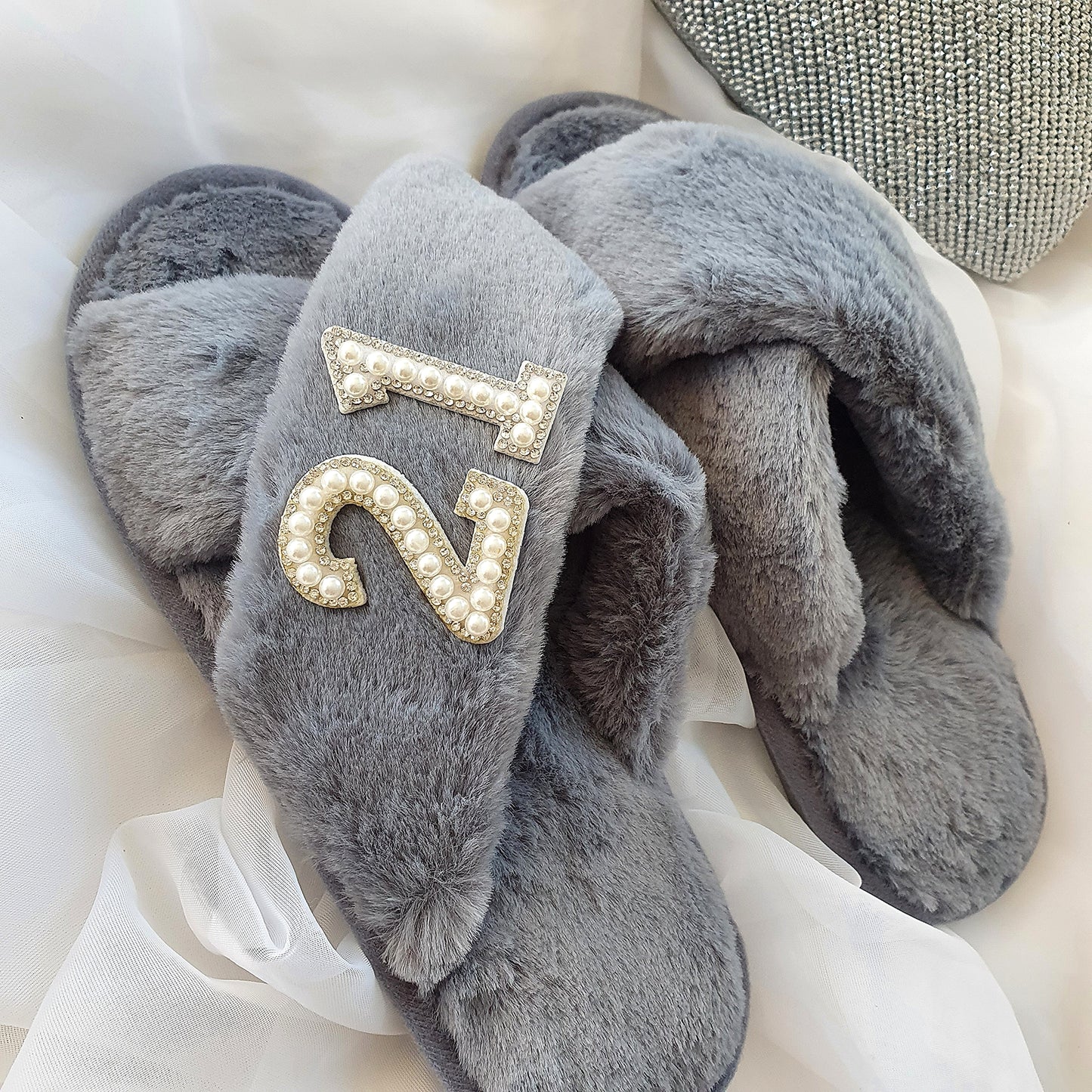 BIRTHDAY grey fluffy slippers with silver diamante
