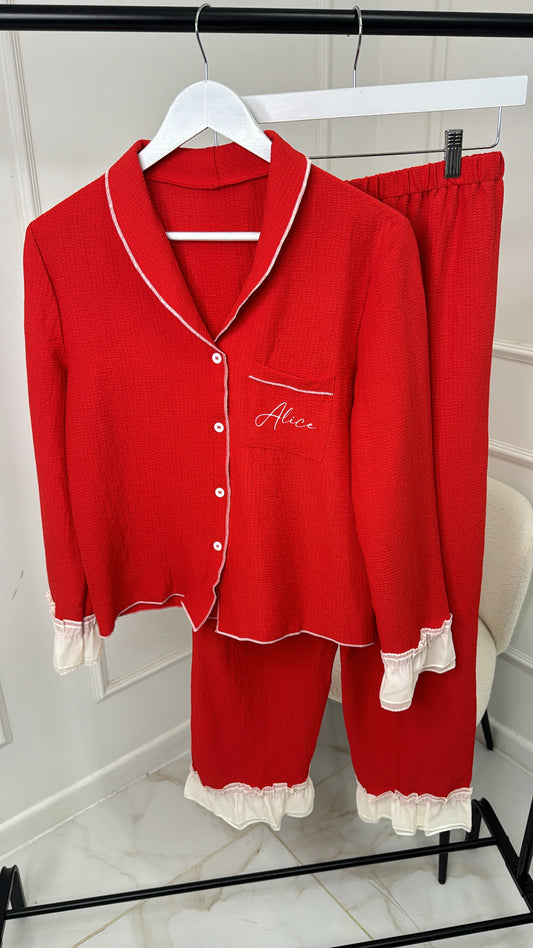 Red Frill Cuff Trouser Pyjamas Set