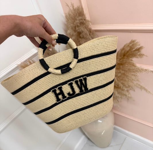 personalised cream striped circular handle woven beach bag