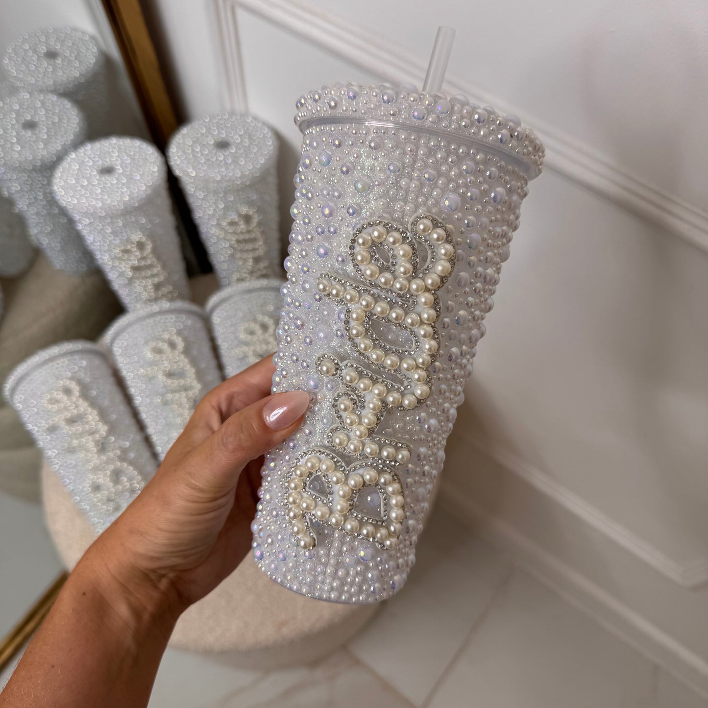 Bride pearl diamanté straw cup