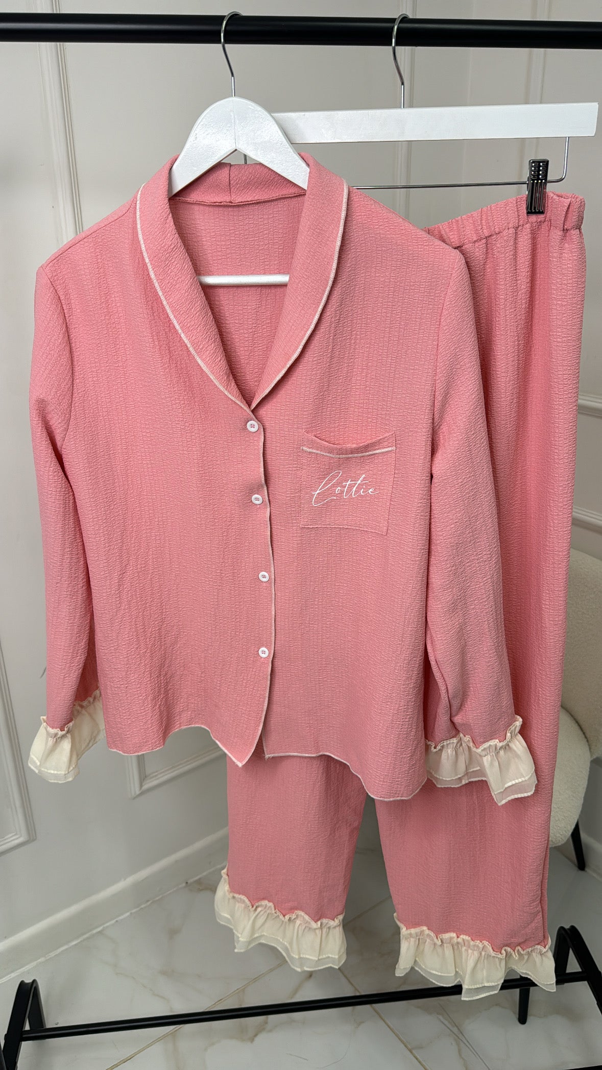 Pink Frill Cuff Trouser Pyjamas Set