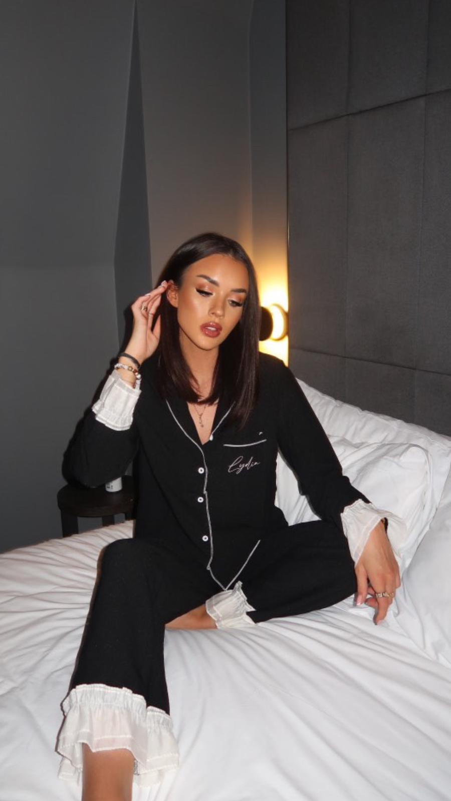 Black Frill Cuff Trouser Pyjamas Set