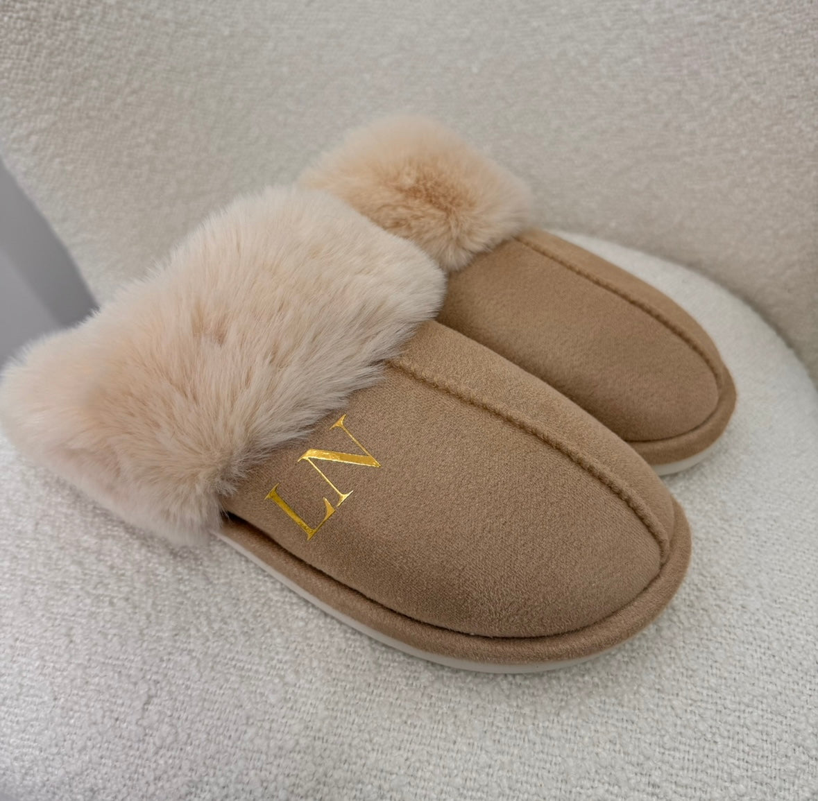 beige fluffy mule slippers with gold initials