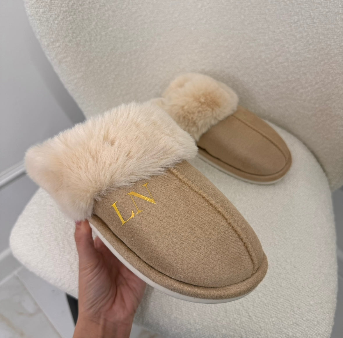 beige fluffy mule slippers with gold initials