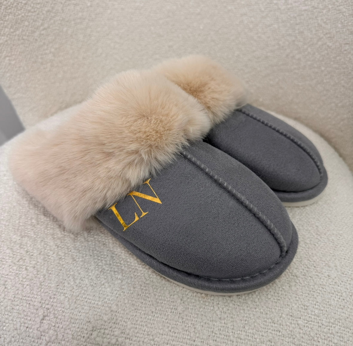 grey fluffy mule slippers with gold initials