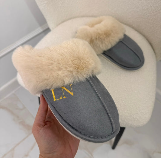 grey fluffy mule slippers with gold initials