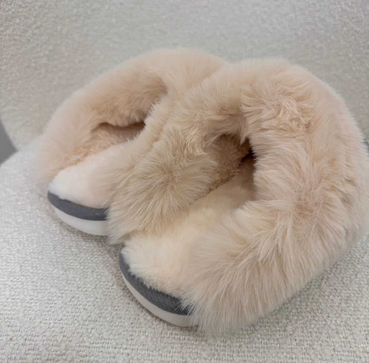 beige fluffy mule slippers with gold initials