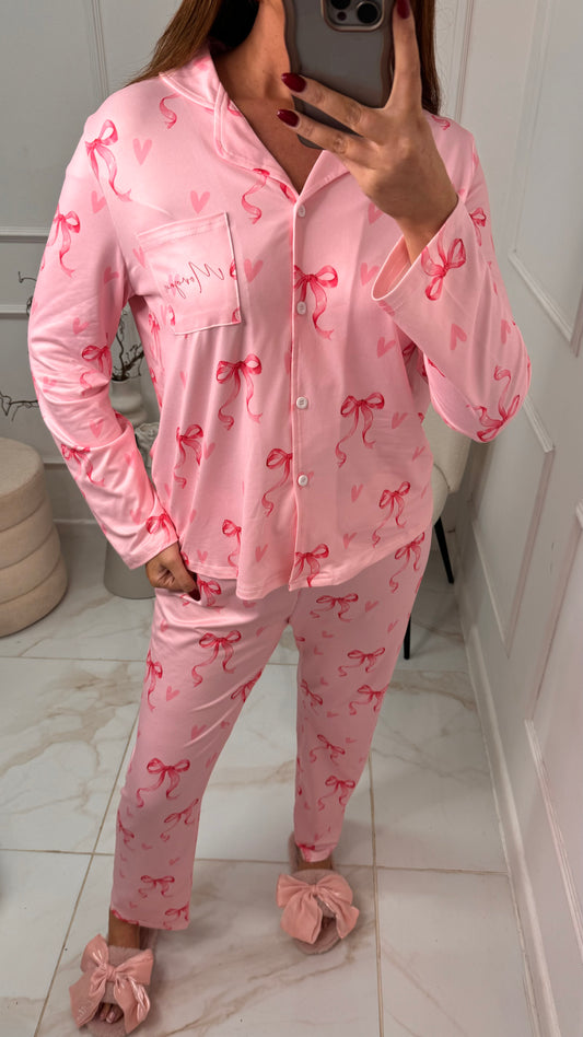 Pink Soft Touch Bow Print Trouser Personalised Pyjama Set