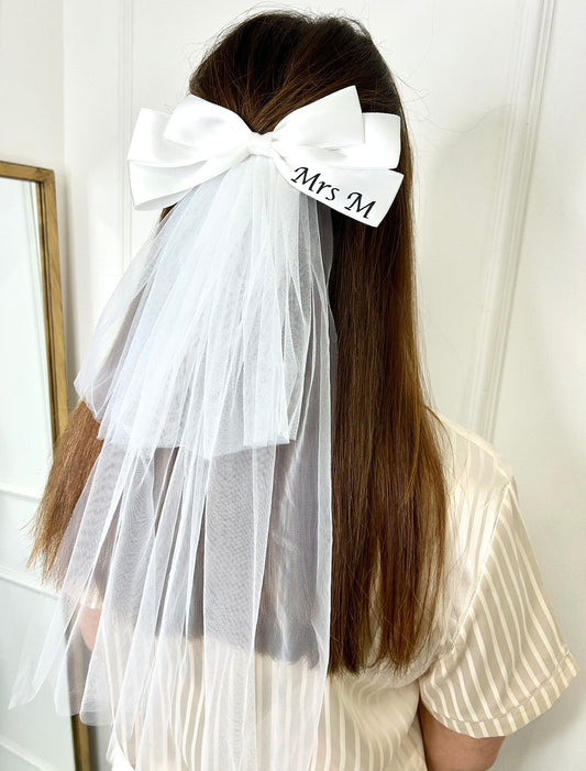 MRS personalised white bridal hair bow with veil