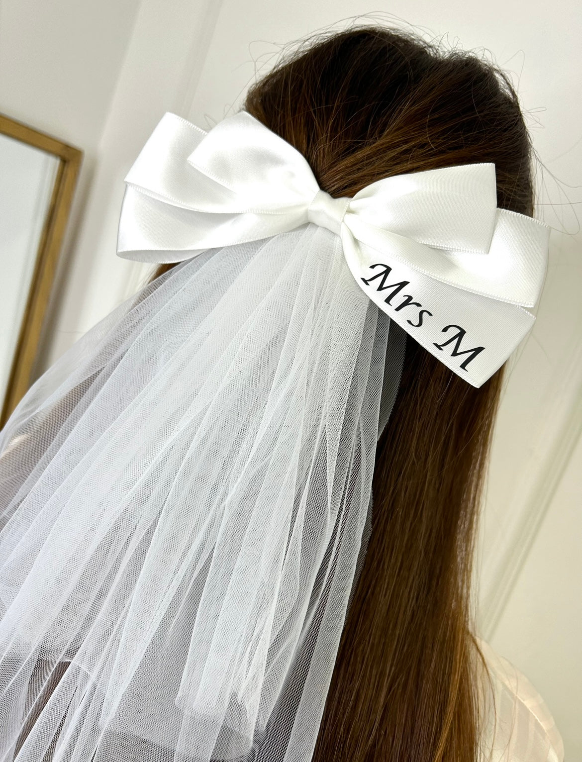 MRS personalised white bridal hair bow with veil