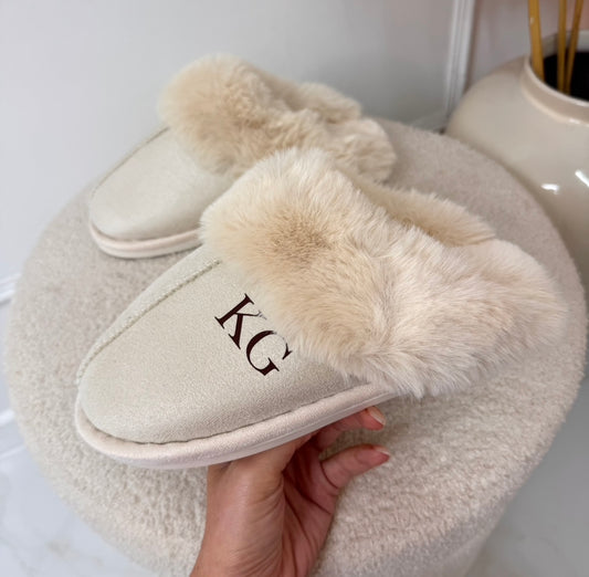 Cream fluffy mule slippers with brown initials