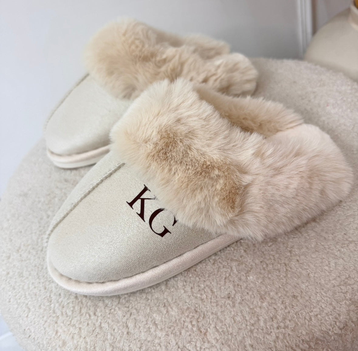 Cream fluffy mule slippers with brown initials