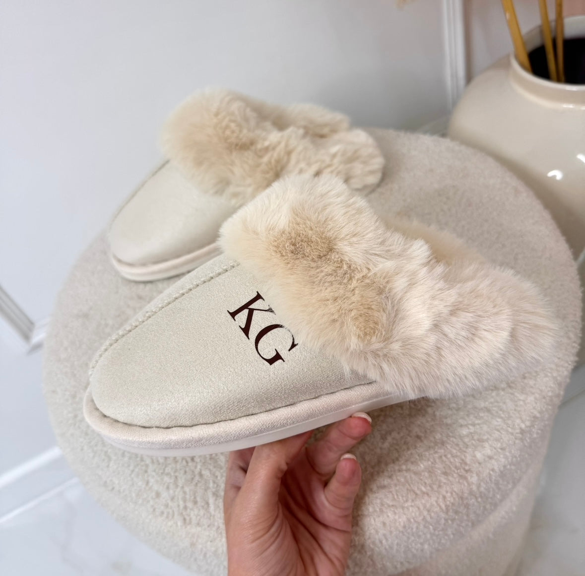 Cream fluffy mule slippers with brown initials