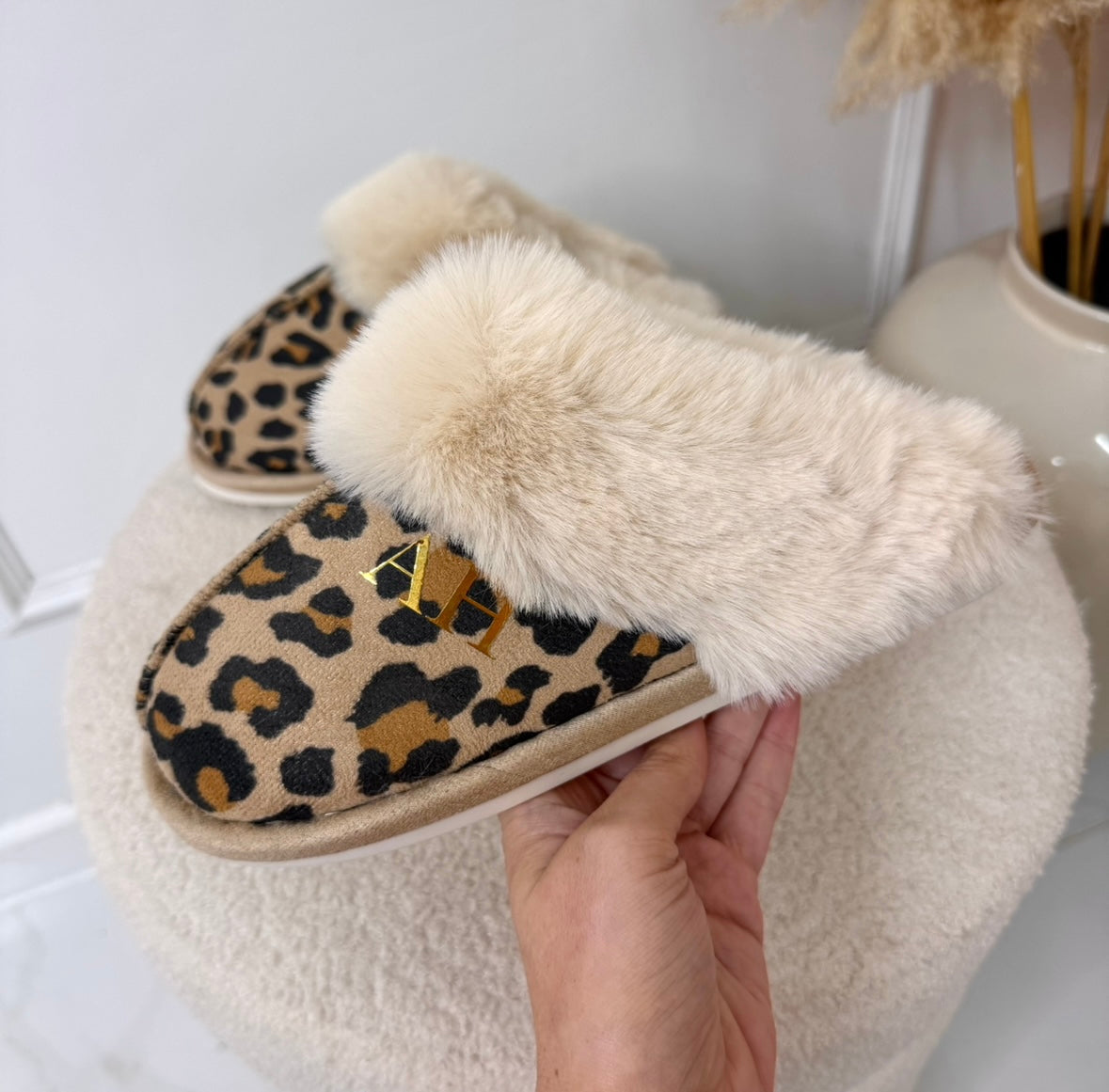 Leopard fluffy mule slippers with gold initials