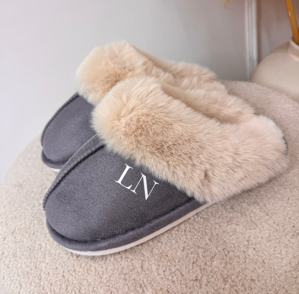 grey fluffy mule slippers with white initials
