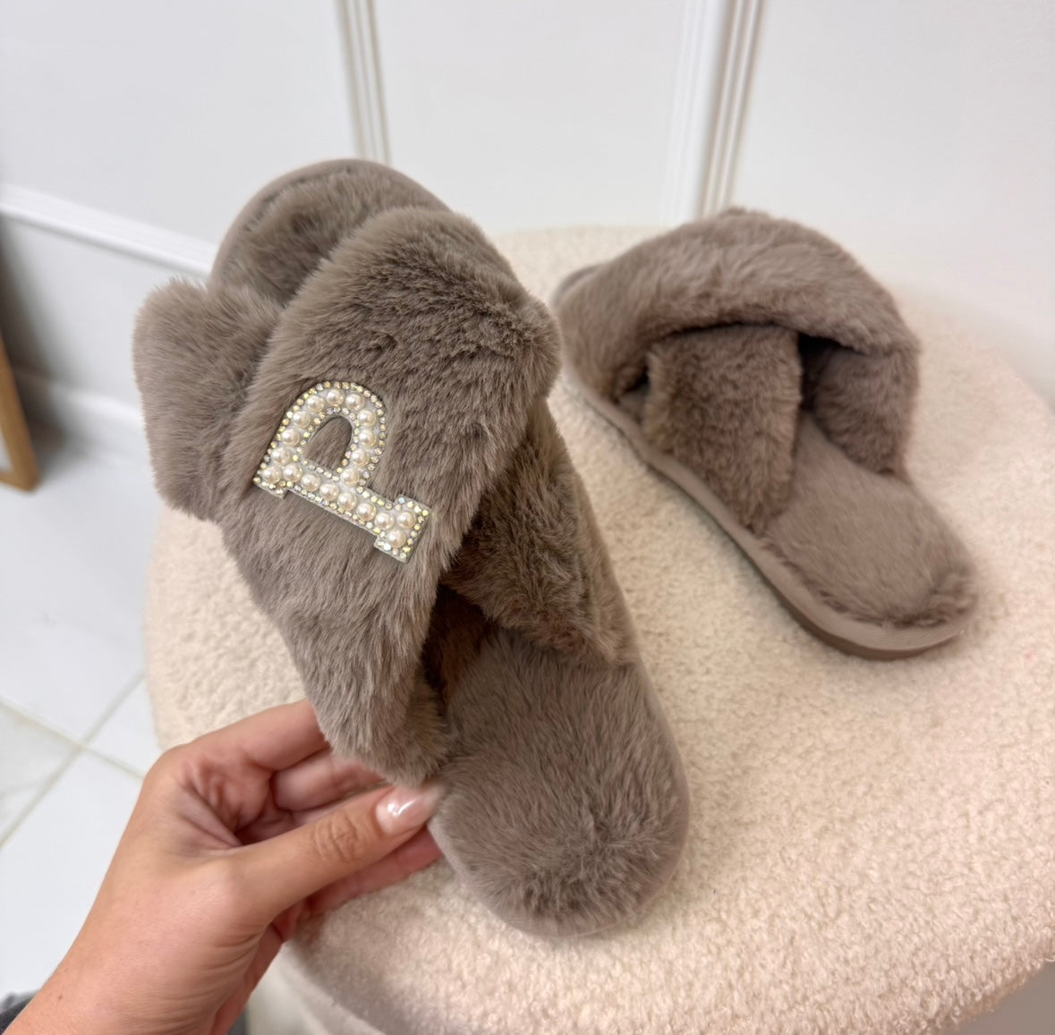 SINGLE INITIAL taupe fluffy slippers with pearl diamanté