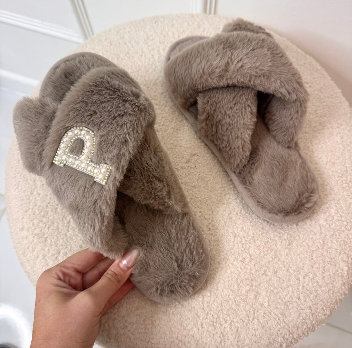 SINGLE INITIAL taupe fluffy slippers with pearl diamanté