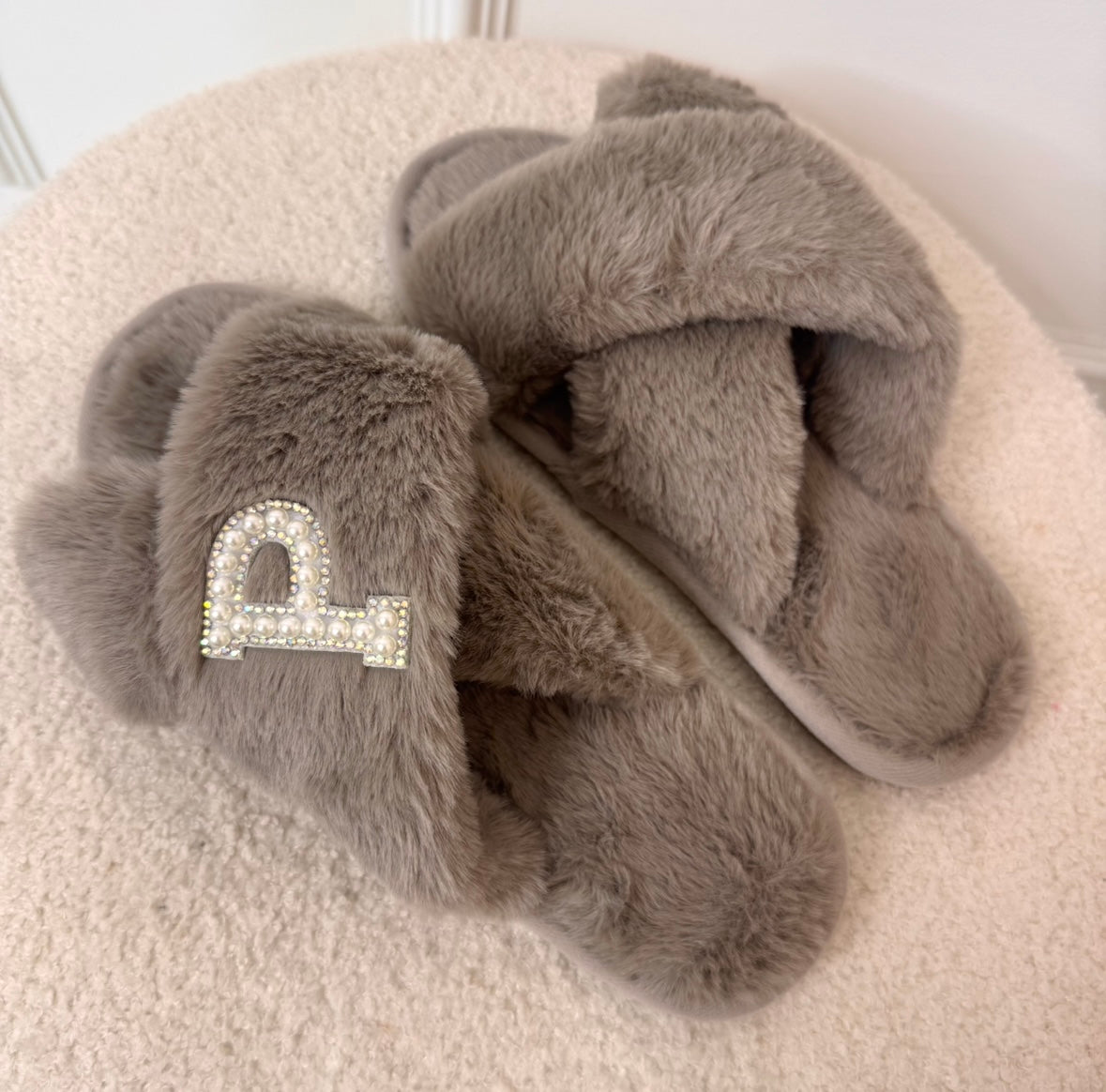 SINGLE INITIAL taupe fluffy slippers with pearl diamanté