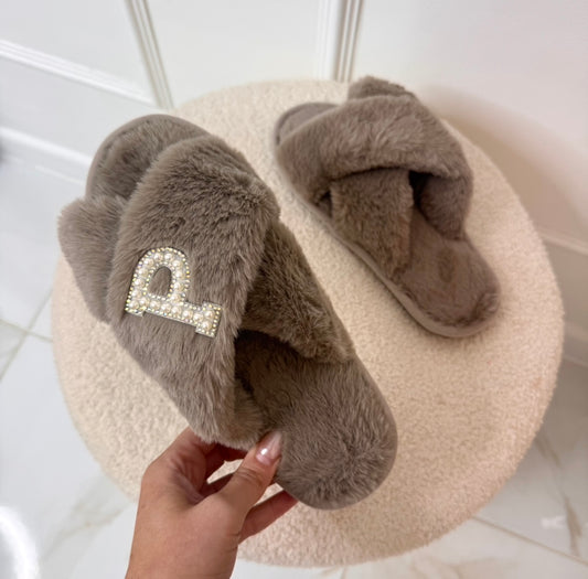 SINGLE INITIAL taupe fluffy slippers with pearl diamanté