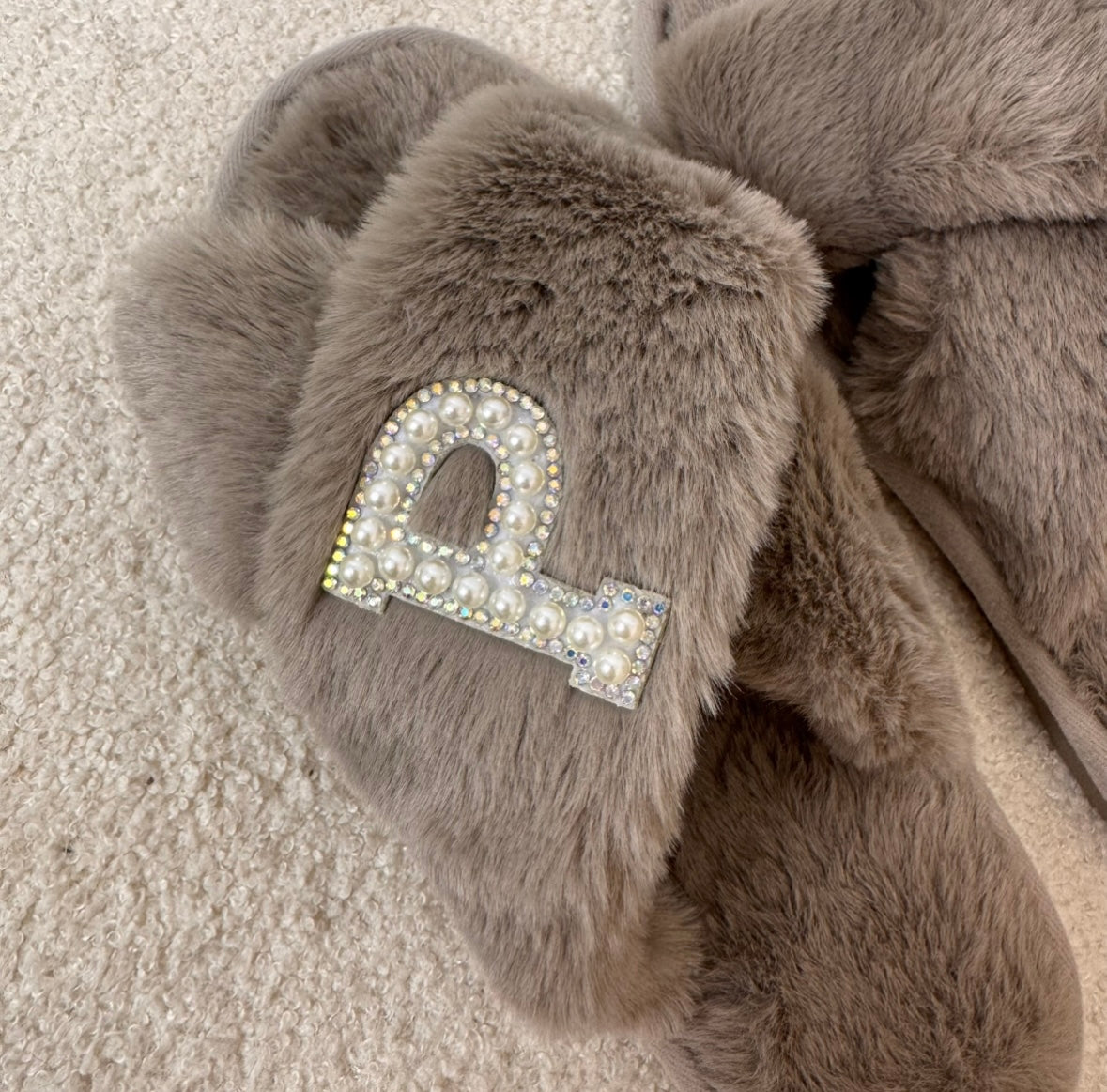 SINGLE INITIAL taupe fluffy slippers with pearl diamanté