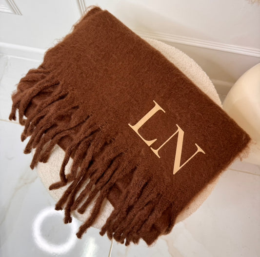 Brown fluffy initial personalised scarf