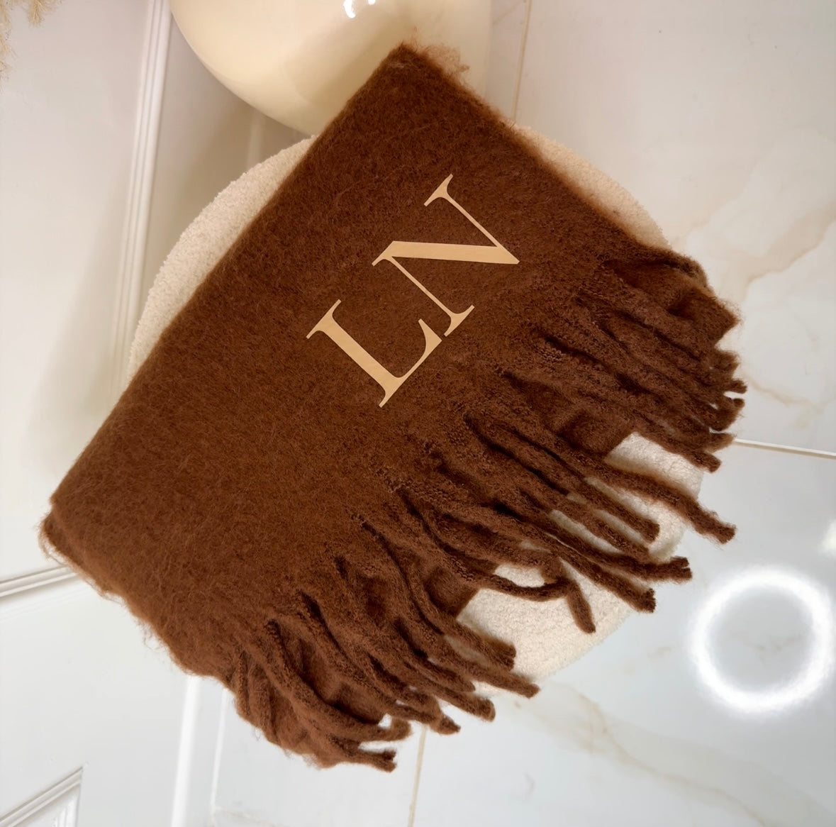Brown fluffy initial personalised scarf