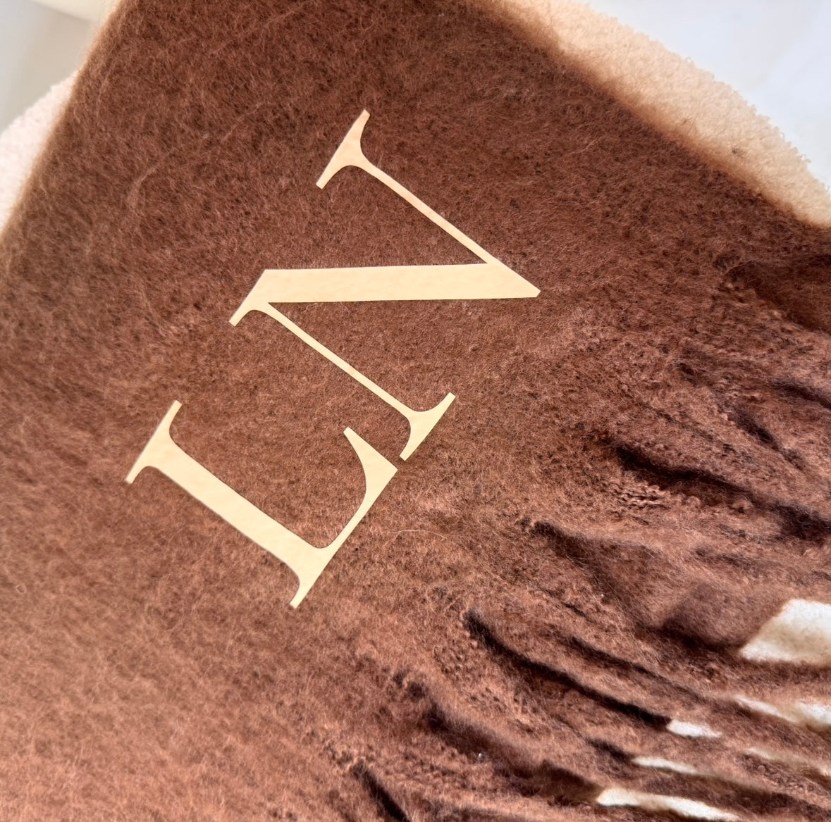 Brown fluffy initial personalised scarf