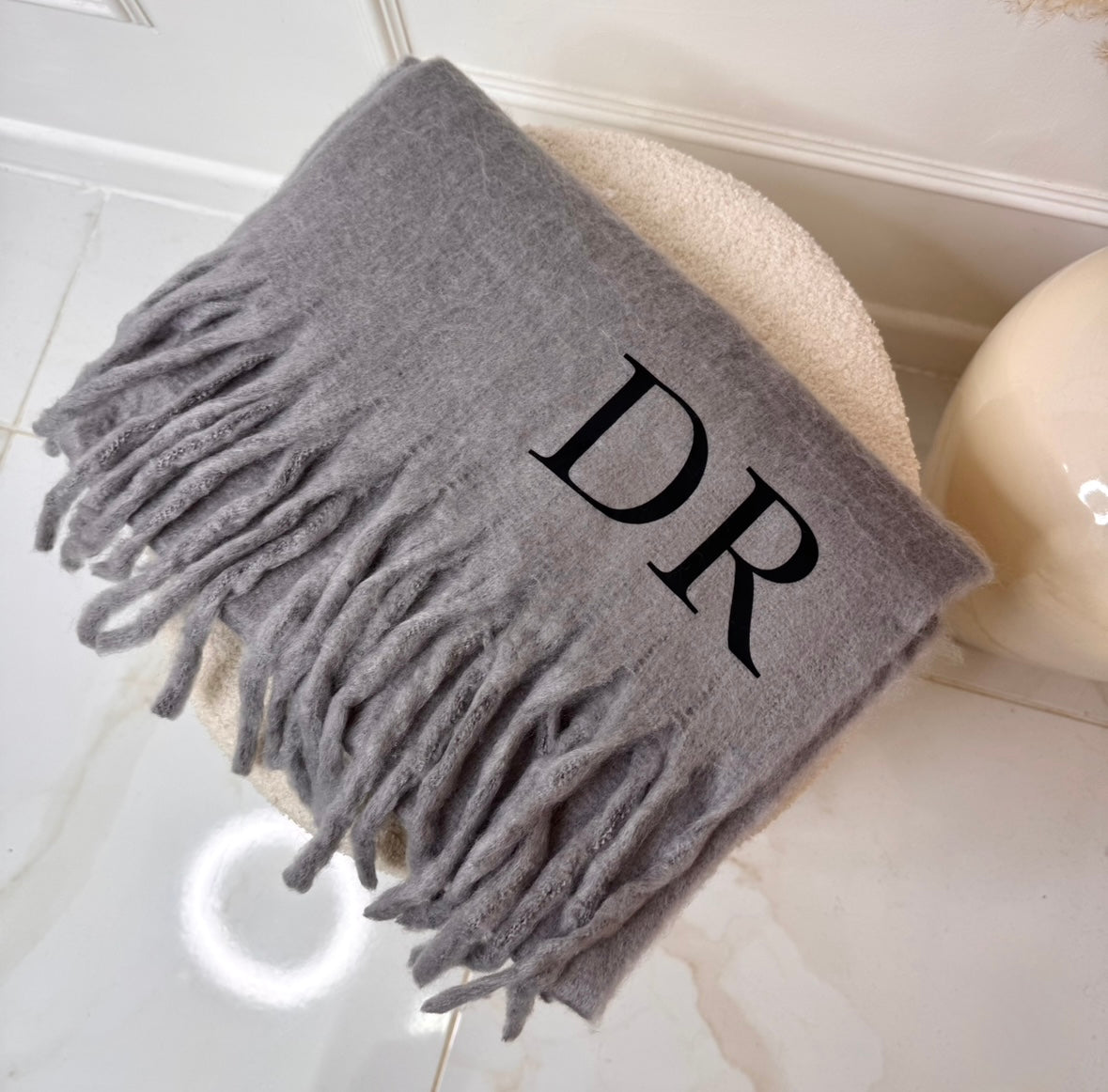 Grey fluffy initial personalised scarf