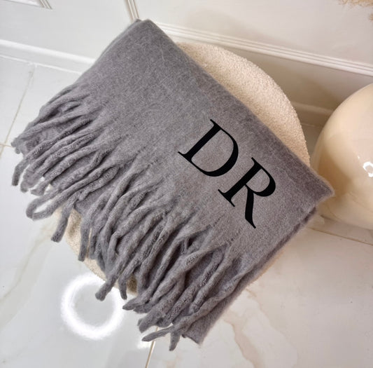 Grey fluffy initial personalised scarf